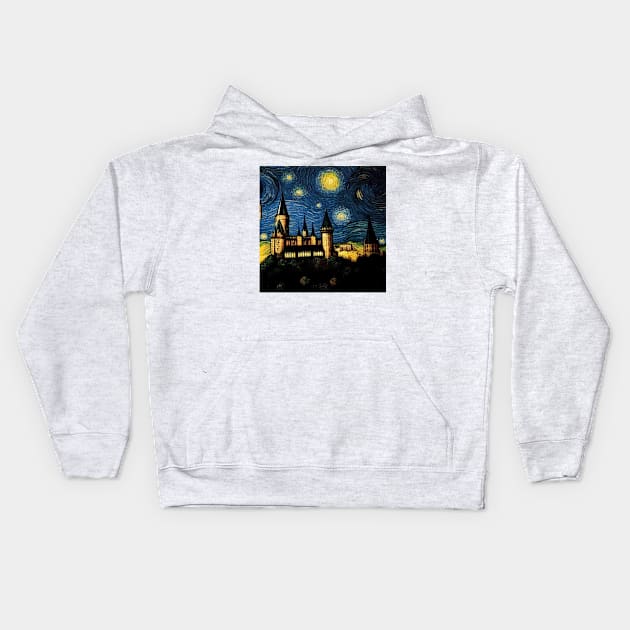 Starry Night Wizarding School Van Gogh Kids Hoodie by Grassroots Green